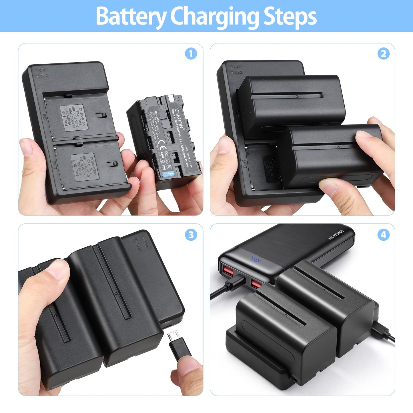 Batería de Repuesto ENEGON NP-F750 5600mAh y Cargador USB Smart LED para Sony y Led Light