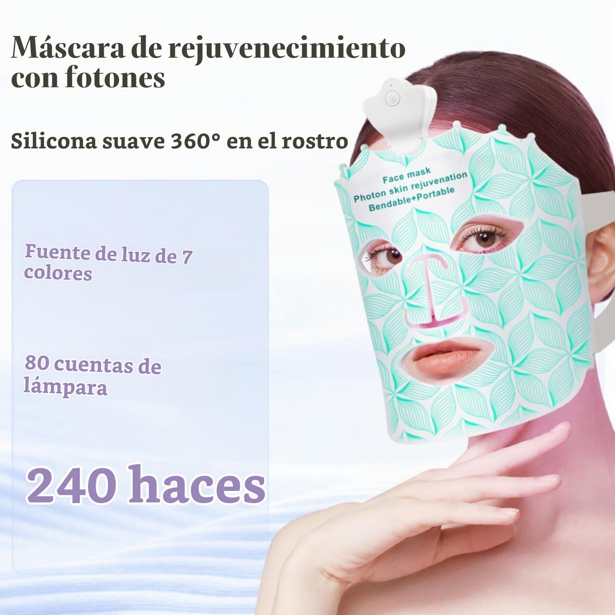 Terapia de luz LED facial de 7 colores, máscara facial LED con infrarrojo cercano de 850 nm, máscara de terapia de luz roja para el cuidado de la piel en casa y viajes