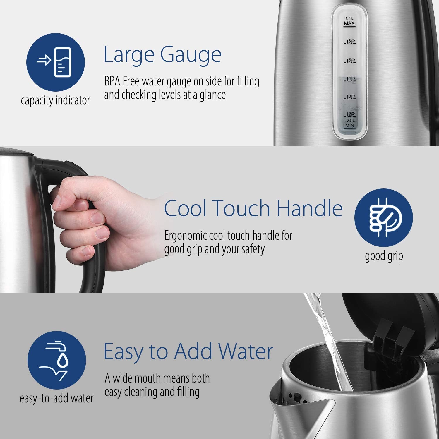COMFEE' Hervidor eléctrico de acero inoxidable, hervidor eléctrico y de agua caliente de 1,7 litros, hervidor rápido de 1500 W con luz LED, apagado automático y protección contra ebullición en seco