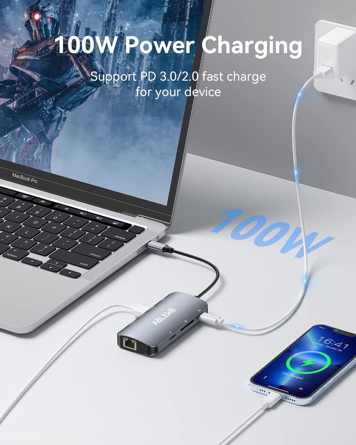 ABLEWE HUB USB C, 8 en 1 Adaptador USB C a hdmi 4K,USB 3.0 3 Puertos,Lector Tarjetas SD/TF,Puerto Gigabit Ethernet,87 Power Delivery Carga,Type C Hub Compatible para MacBook,MacBook Pro,Chromebook