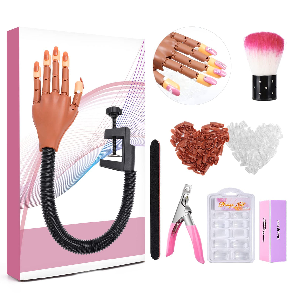 Manos de Práctica LIONVISON Flexibles y Móviles para Uñas Acrílicas con Limas, Pincel, Cortadora y 300 Puntas de Uñas