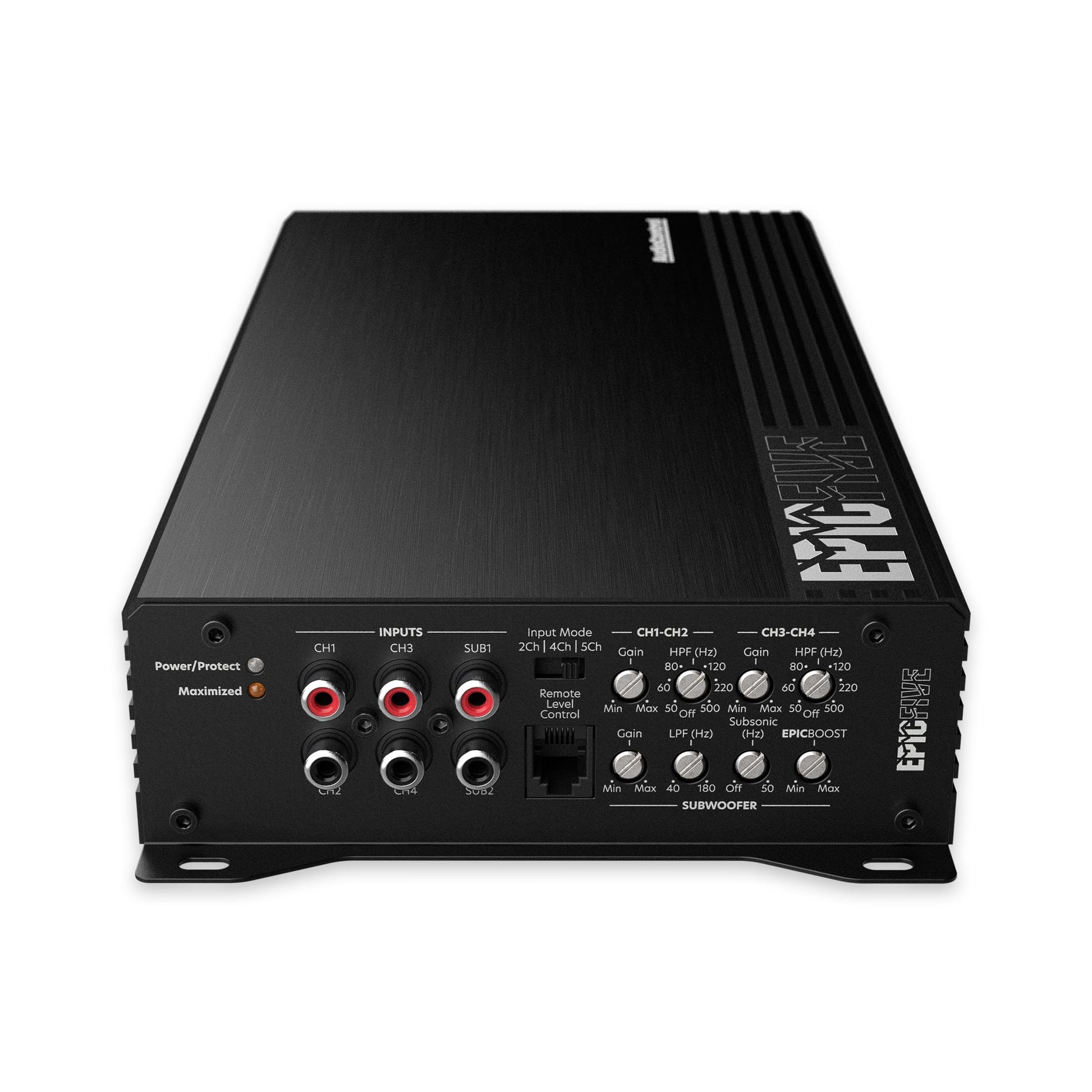 AudioControl EPICFIVE Epic Series 1100 W RMS 5 canales amplificador de audio para coche, clase D, impulso épico, filtro subsónico, filtros de paso alto/paso bajo, perilla de graves remoto ACR-E,