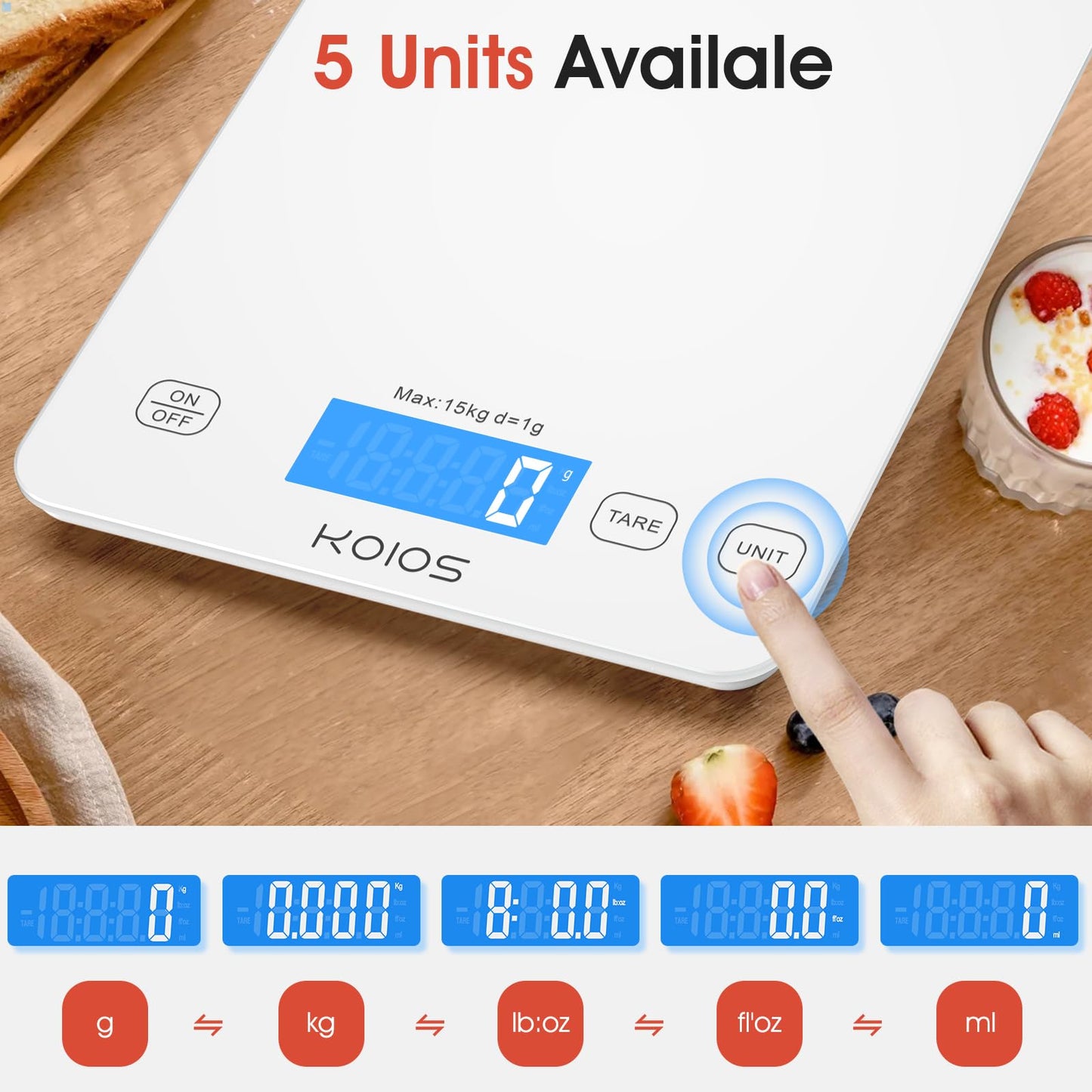 KOIOS Báscula de cocina, 33 lb/15 kg Báscula digital de alimentos de peso en gramos y onzas para cocinar hornear, graduación precisa, baterías y carga tipo C, función tara, visualización LCD, blanco