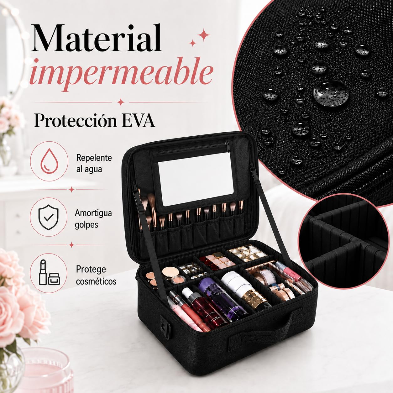 Estuche de Maquillaje 43x31x17cm, Bolsa para Maquillaje, Cosmetiquera para Maquillaje, XL Grande de Viaje 3 Capas con Espejo, Impermeable con Divisor Ajustable, para Pinceles y Herramientas de Belleza