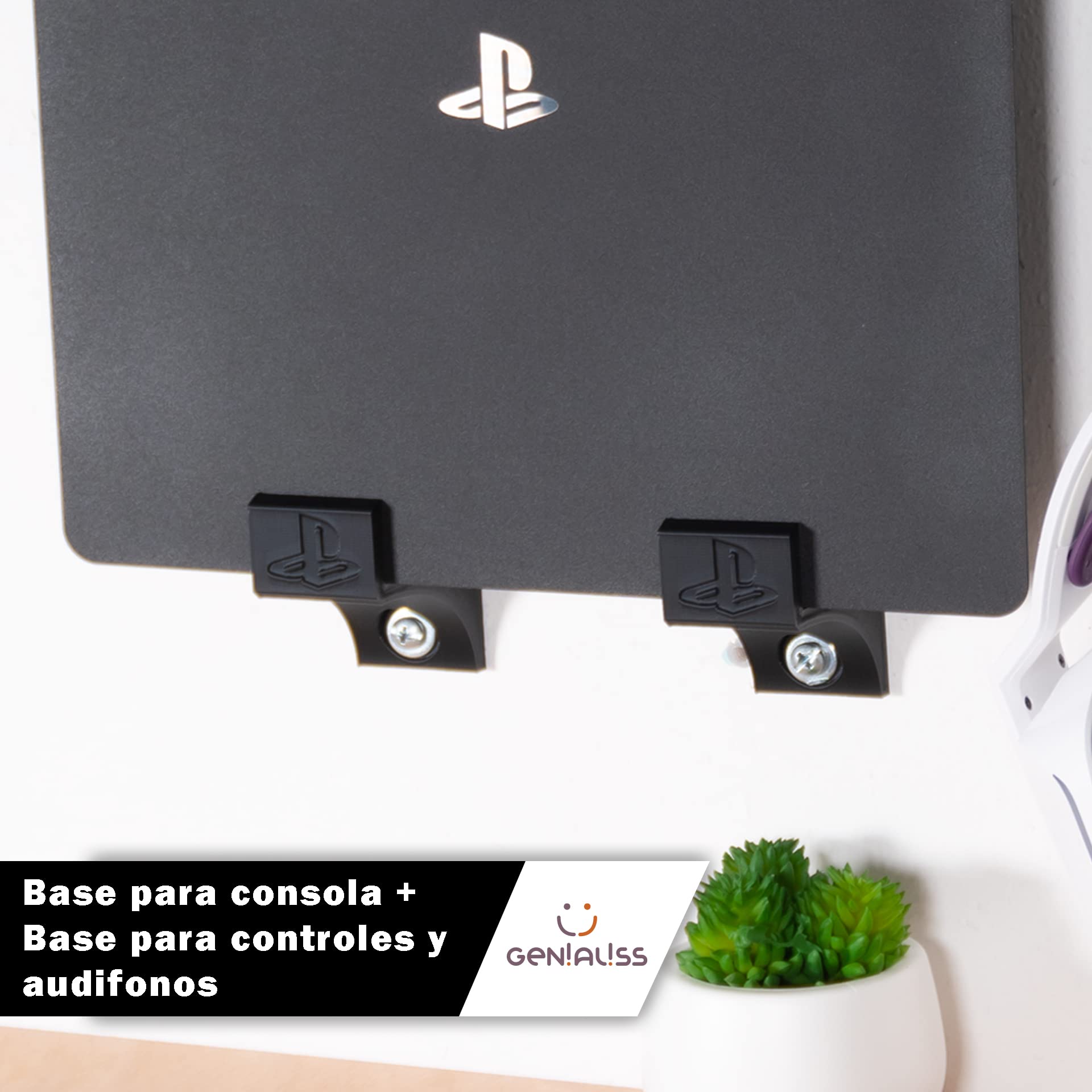 GENIALISS - Base Soporte para Consola PS4 Slim de Pared/Playstation 4 Slim/Play 4 Slim + Base Soporte para Control dualshock 4 y Soporte para audifono