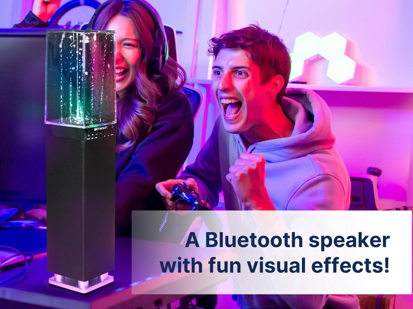 Emerson EHS-2001 Sistema de Altavoces de Torre de luz de Agua con Bluetooth y Radio FM, Altavoz inalámbrico de pie con Fuente de Agua LED, Sonido cristalino, transmisión Bluetooth