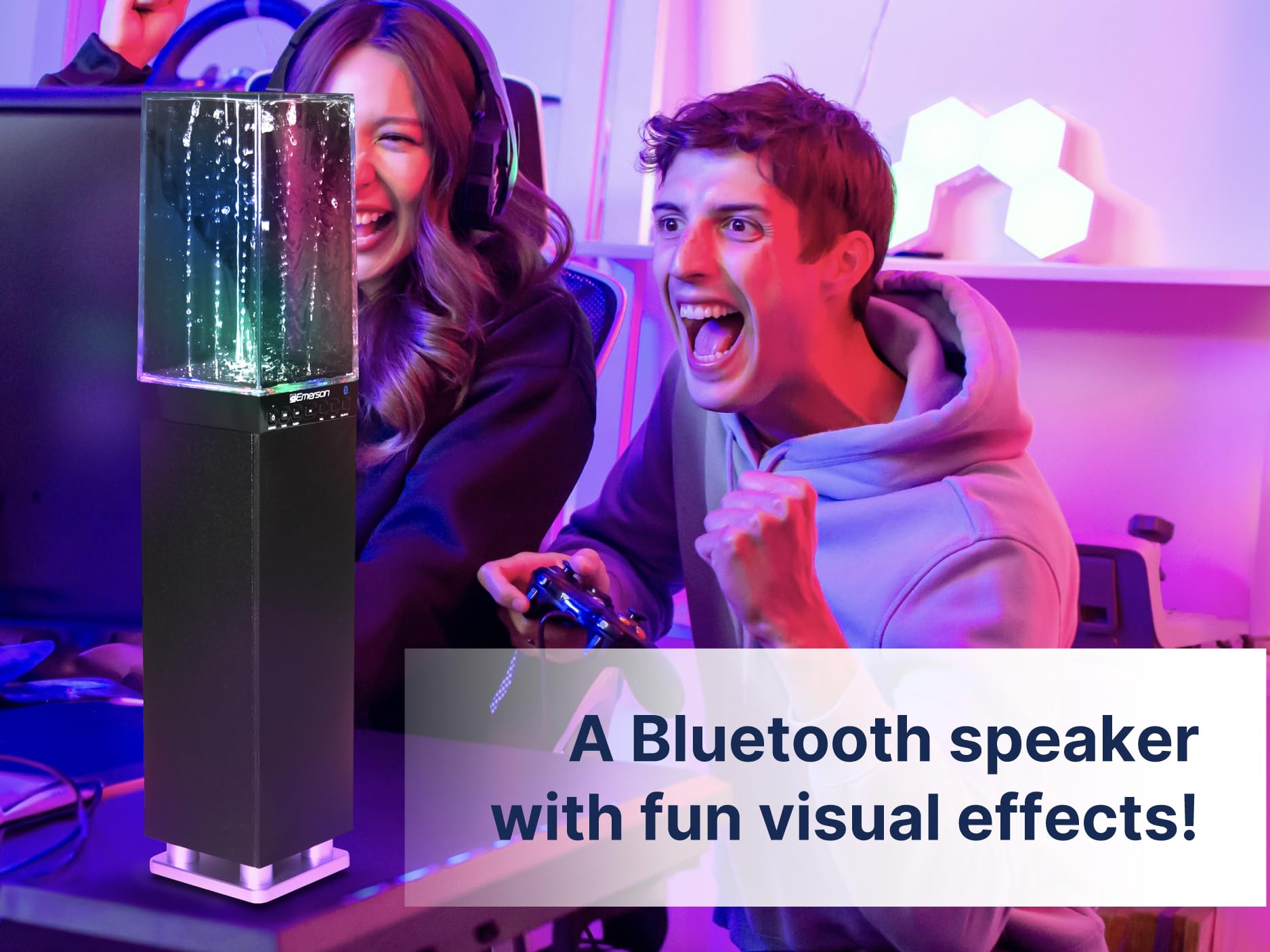 Emerson EHS-2001 Sistema de Altavoces de Torre de luz de Agua con Bluetooth y Radio FM, Altavoz inalámbrico de pie con Fuente de Agua LED, Sonido cristalino, transmisión Bluetooth