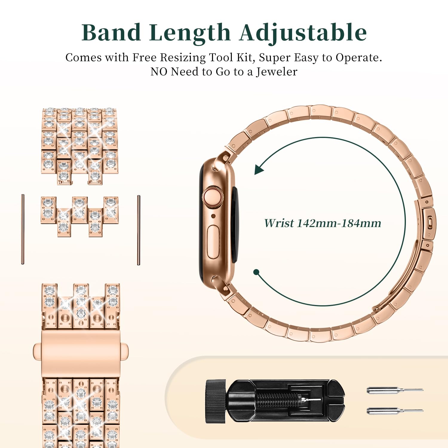 Correa Metálica Wutwuk Oro Rosa con Piedras para Apple Watch 40mm Mujer
