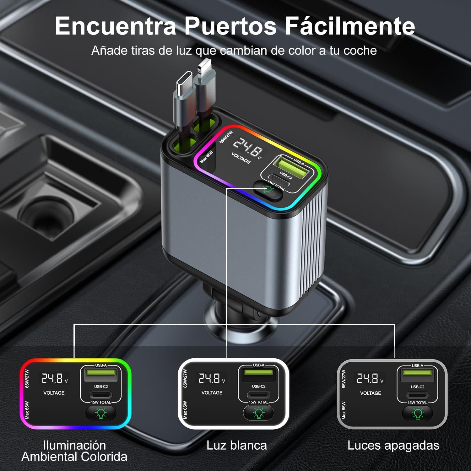 vantisan Cargador para Auto,Adaptador de Cargador de Coche con Pantalla de Luz, 140w Carga Rápida Conector telescópico y 2 Puertos USB con RGB, Compatible con iPhone,Galaxy, Xiaomi