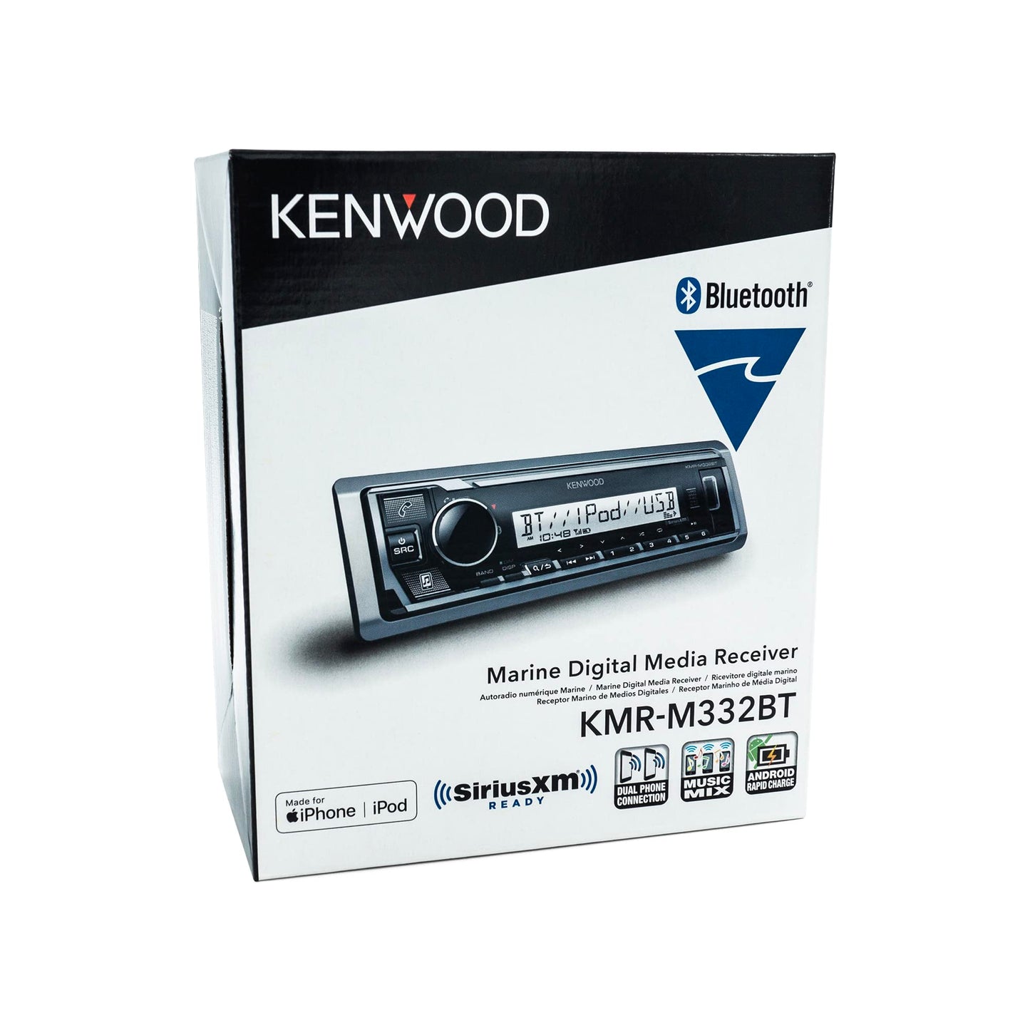 Kenwood KMR-M332BT Estéreo para Auto y Marina, de Un Solo Din, Audio Bluetooth, USB-MP3, Entrada AUX, Radio AM-FM SiriusXM, Resistente a la Intemperie, Iluminación Multicolor