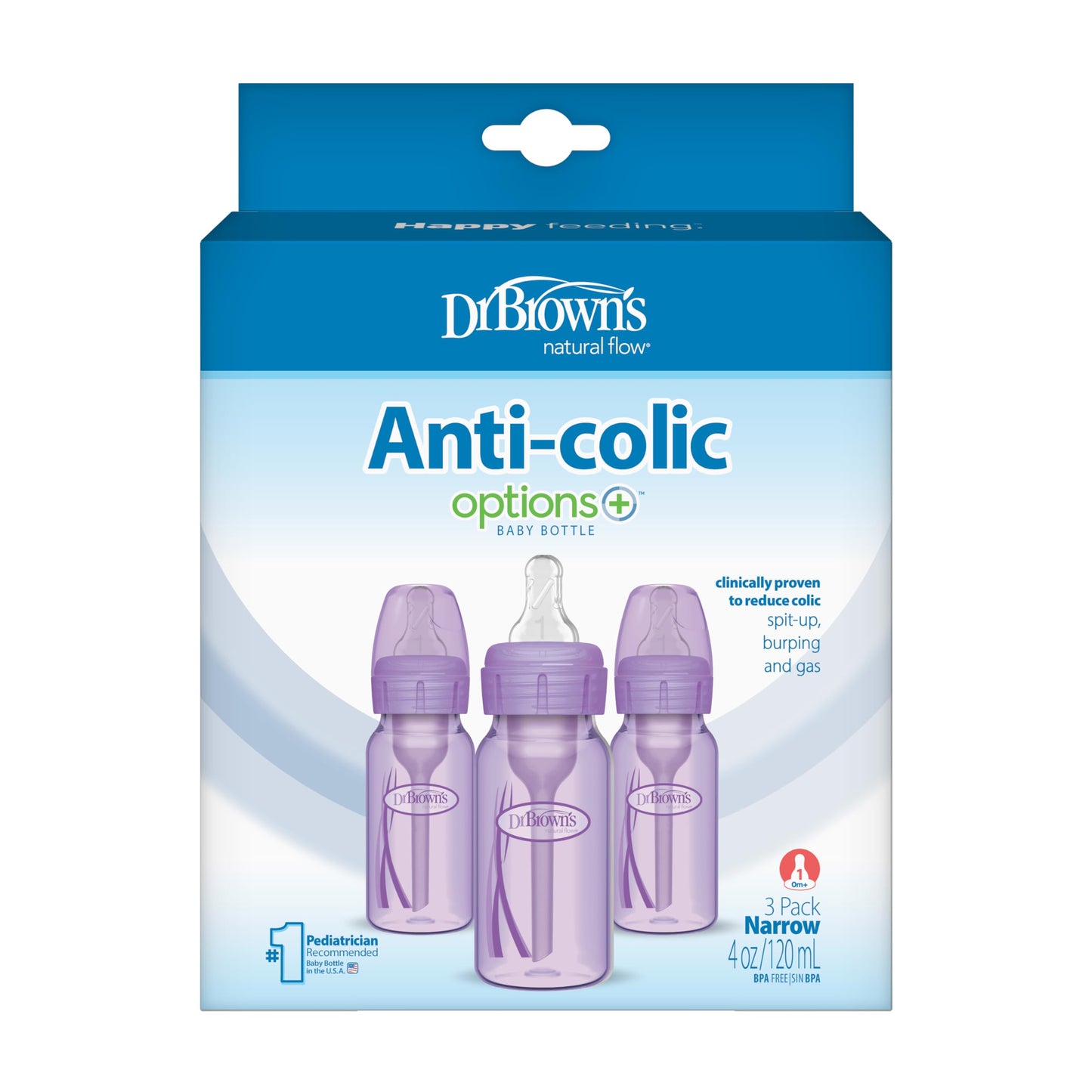 Dr. Brown’s Natural Flow Options+ Narrow Baby Bottle, Lavender, 3 Pack