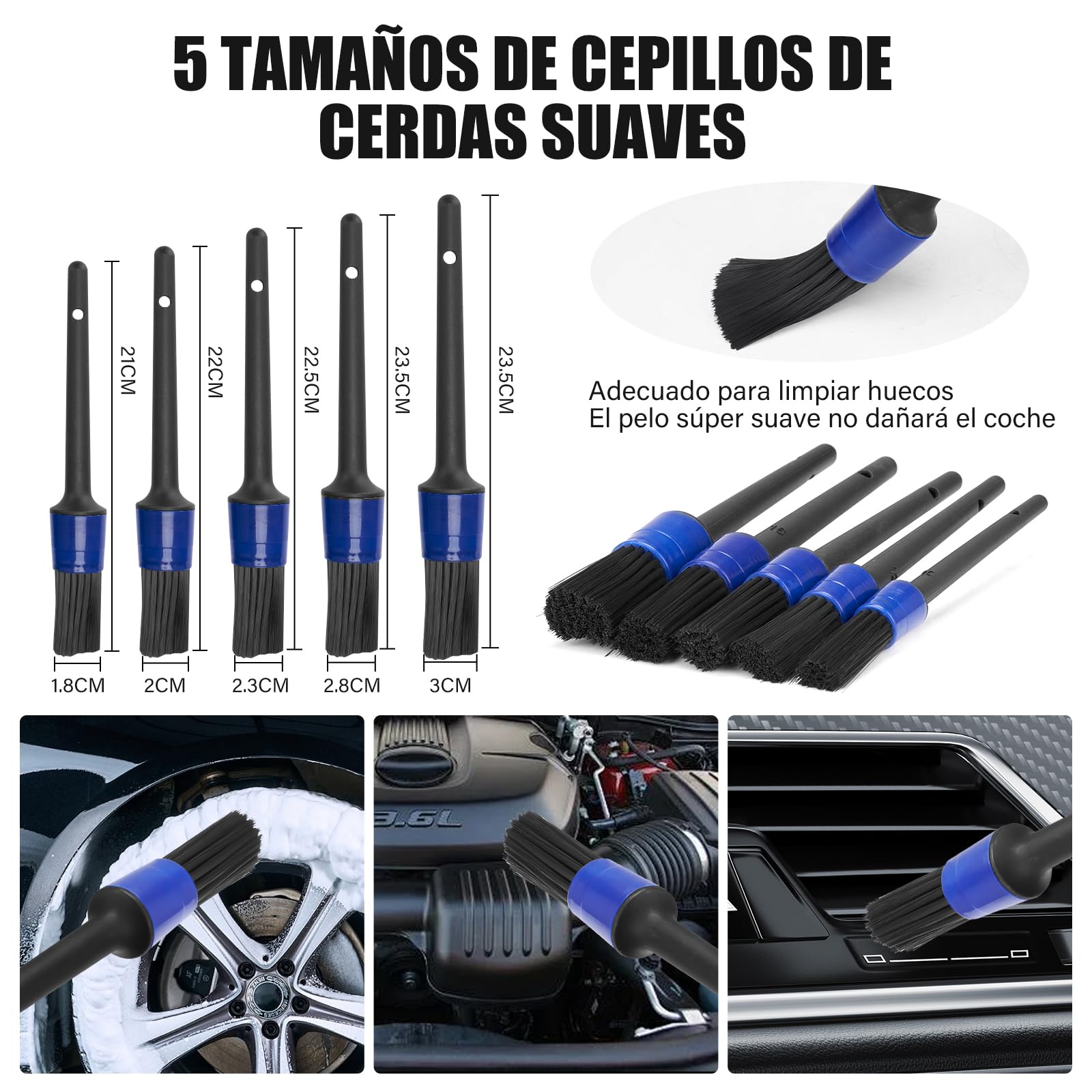 BLUEDREAMER Juego de cepillos de limpieza para coche de 26 piezas,Kit profesional para el cuidado del coche,Limpieza completa del coche,Adecuado para ruedas,Parabrisas,Interior,Asientos.