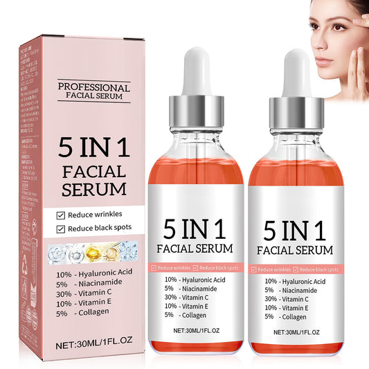 Suero Facial Antienvejecimiento 5 en 1 con Vitamina C y Ácido Hialurónico - Reafirma, Reduce Arrugas y Unifica Tono de Piel