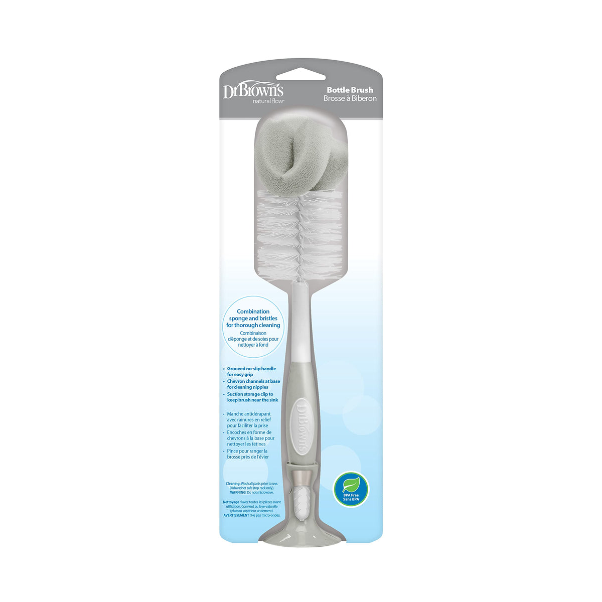 Dr. Brown's - Cepillo para Polvo de Limpieza para biberones con Esponja, depurador y Limpiador de pezones, Color Gris, 1 Paquete