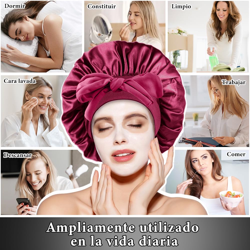 Gorro de Seda para Dormir, Para El Cabello Largo Bonnet Ajustable para Mujer，capó ajustable de satén，Capos grandes de seda satinada para dormir con correa de corbata, Adecuado para Dormir, Bañarse