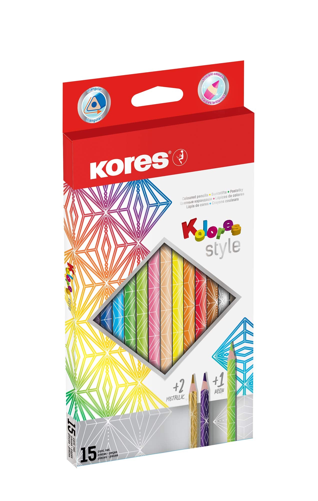 Kores - Kolores Estilo: 15 lápices de colores para niños, principiantes y adultos, tonos metálicos y neón para papel blanco, oscuro y artesanal, juego de 15 colores surtidos