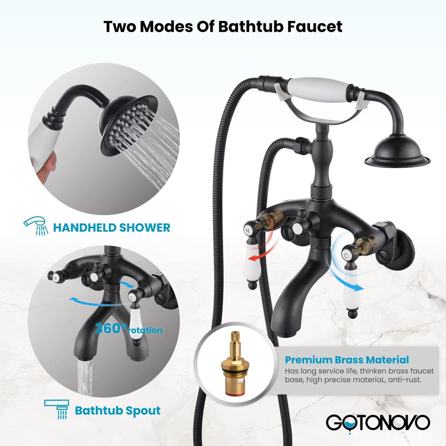 Gotonovo - llave de ducha para tina con forma de teléfono de color negro mate con rociador de ducha de mano, montaje en pared, cerámica de bronce, 2 doble asa, sistema de llave de ducha