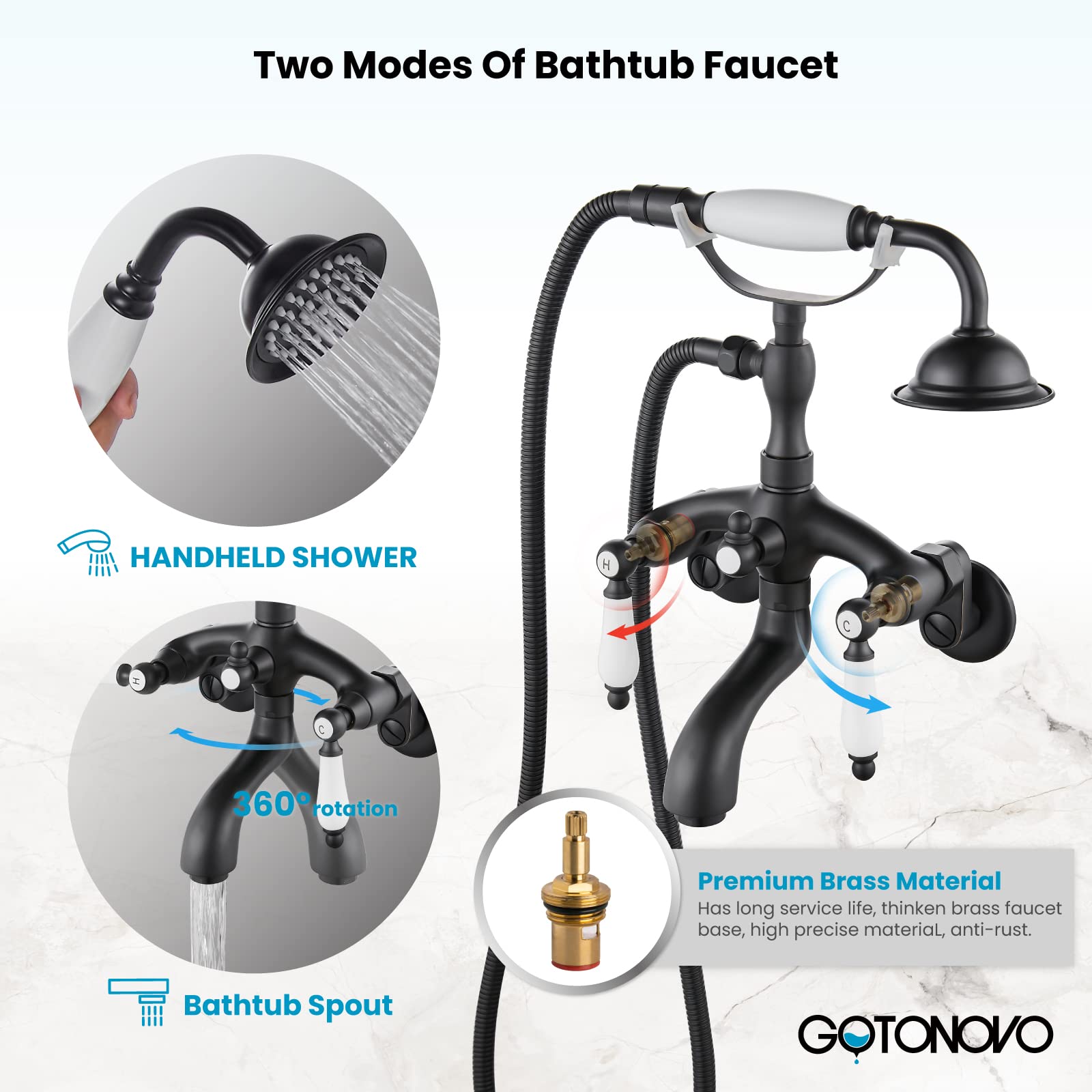 Gotonovo - llave de ducha para tina con forma de teléfono de color negro mate con rociador de ducha de mano, montaje en pared, cerámica de bronce, 2 doble asa, sistema de llave de ducha