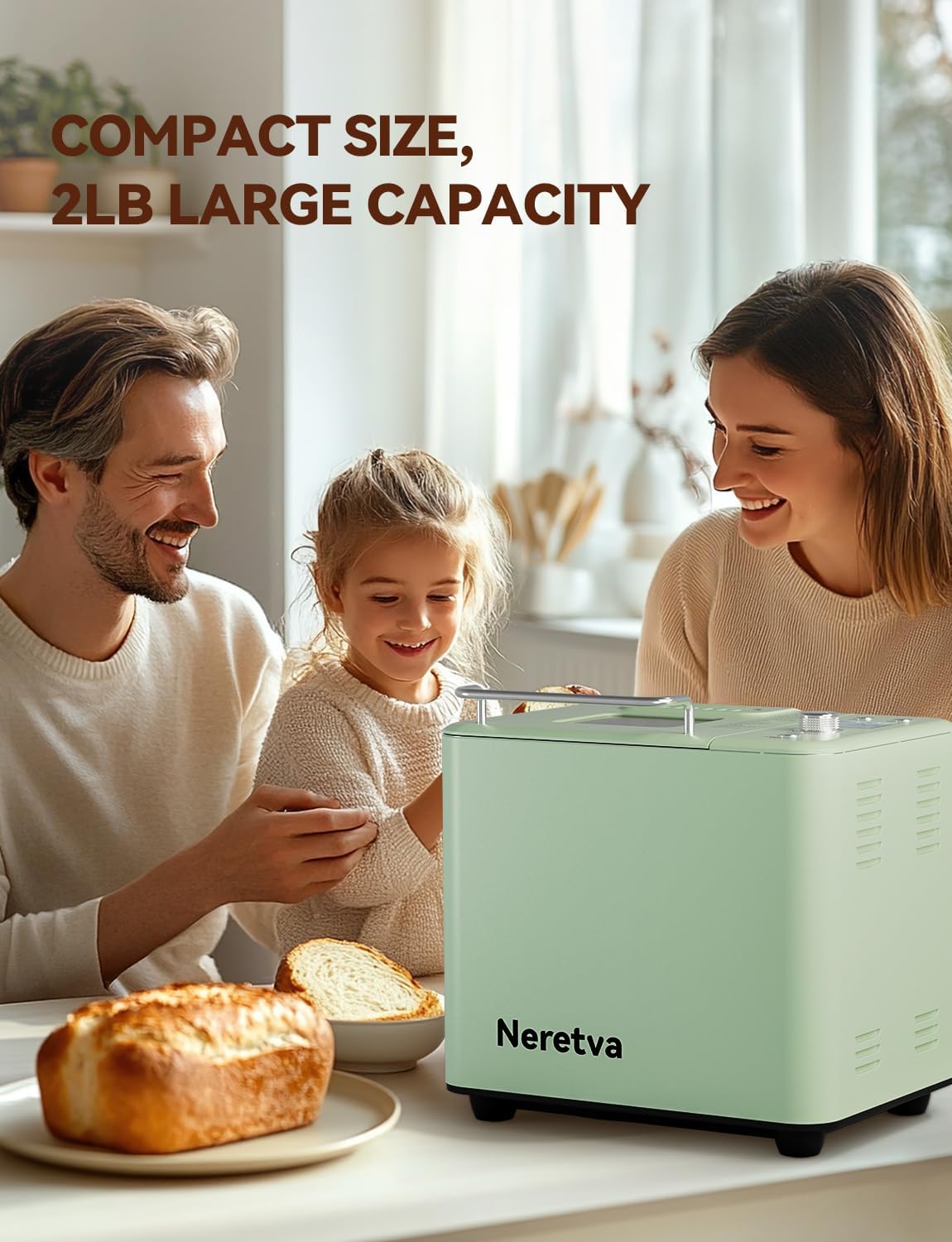 Neretva 20 en 1, máquina de pan de doble calentador de 2 libras, máquina de hacer pan de acero inoxidable, sartén de cerámica antiadherente compacta para pan sin gluten, masa madre o trigo integral