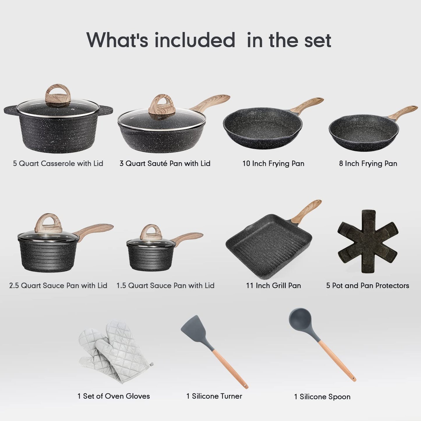 JEETEE - Juego de ollas y sartenes antiadherentes, 20 piezas, juego de utensilios de cocina con revestimiento de granito, compatible con sartén, cacerola, sartén, asador, ollas de cocina, sin PFOA (gris, juego de 20 utensilios de cocina)