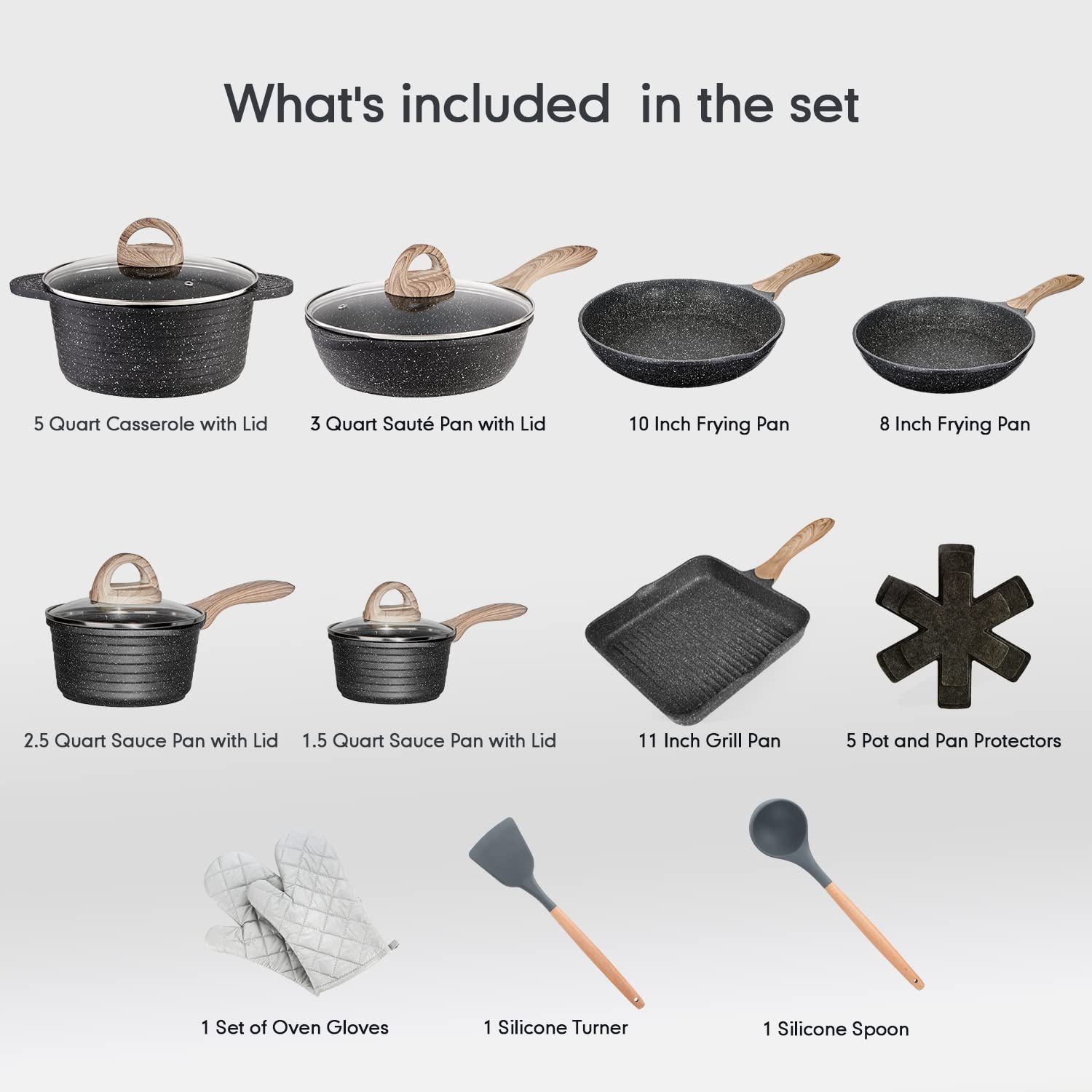 JEETEE - Juego de ollas y sartenes antiadherentes, 20 piezas, juego de utensilios de cocina con revestimiento de granito, compatible con sartén, cacerola, sartén, asador, ollas de cocina, sin PFOA (gris, juego de 20 utensilios de cocina)
