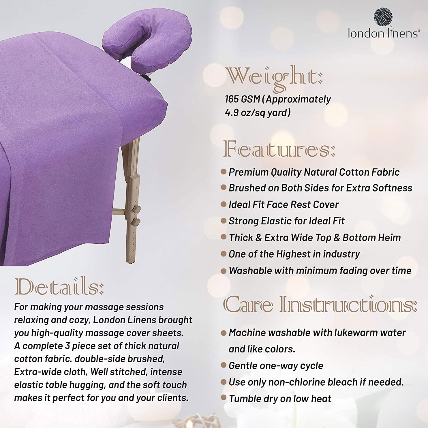 London Linens Juego de sábanas extra gruesas de 3 piezas, 100% franela de algodón natural, incluye funda para mesa de masaje, sábana bajera de masaje y funda para reposamuñecas de masaje (lila)