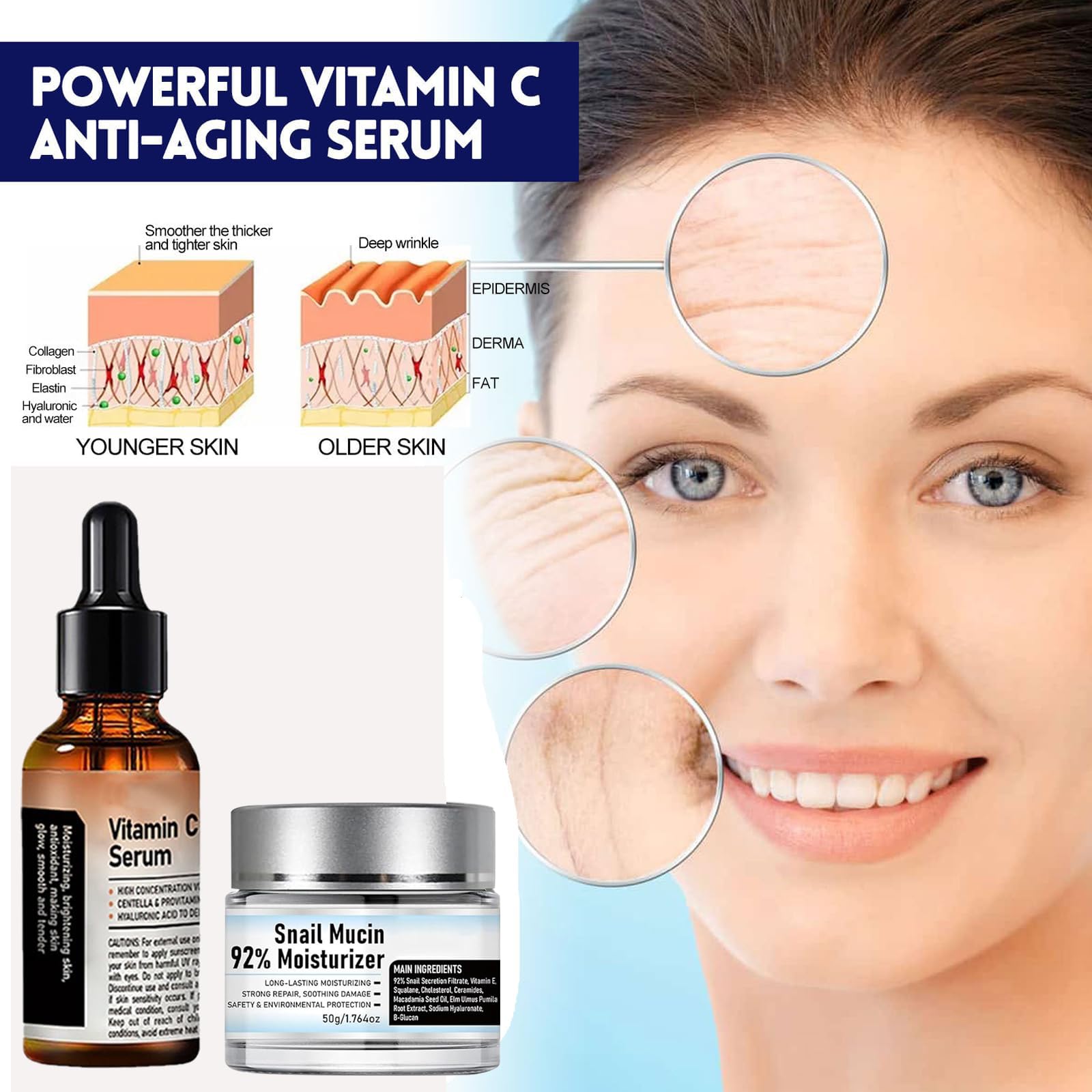 Fuxvao Crema de Baba de Caracol Original, Suero facial con vitamina C, Crema hidratante diaria en gel con mucina de caracol al 92%, Suero de mucina de caracol, Crema de Caracol, Crema nutritiva de