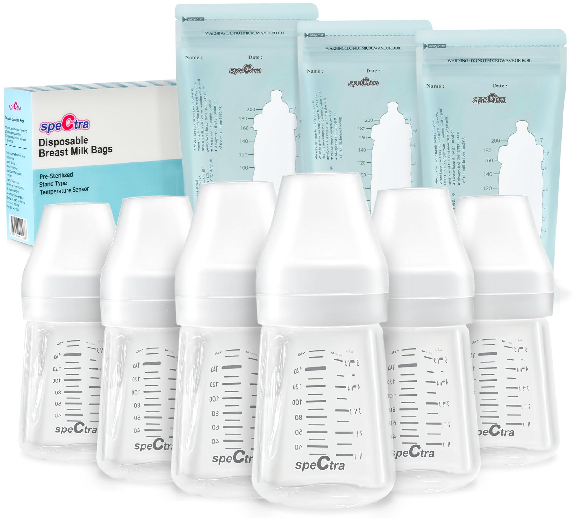 Set de Botellas y Bolsas de Almacenamiento de Leche Materna Spectra | Transparente | Cuello Ancho con Tapa y Sensor de Temperatura
