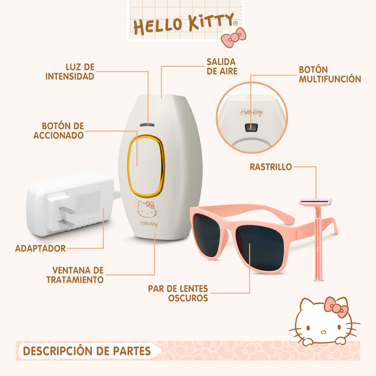 SANRIO Depiladora Profesional de Luz Pulsada Hello Kitty HK-IPL con 300,000 Disparos; Elimina Vello Facial, Corporal, Axilas, Piernas, Bikini y Brazos; Reducción Permanente, Uso en Casa, Unisex, Alternativa a Depiladora Láser Mujer.