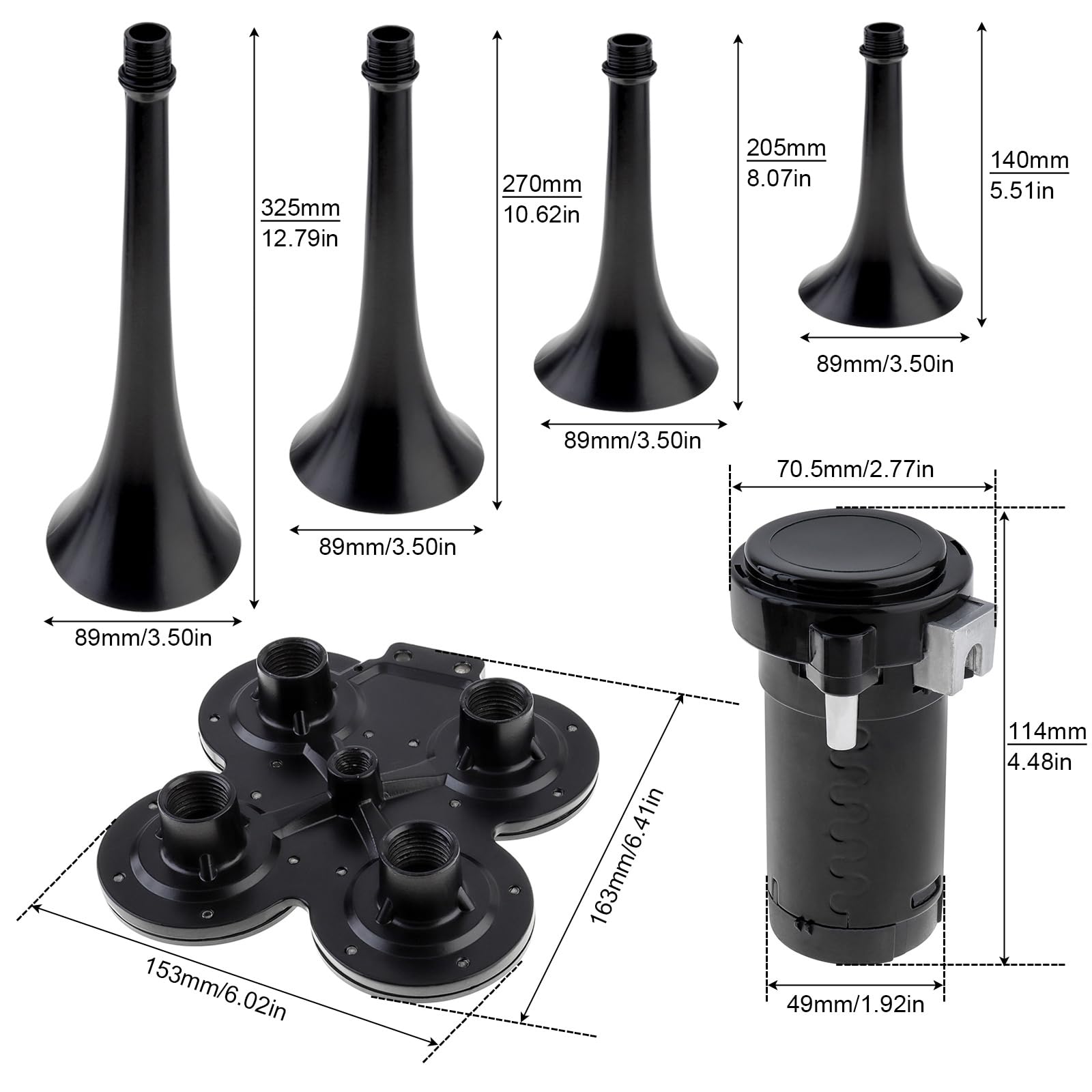 DriSentri - Kit de bocinas de tren, 4 trompeta, bocinas de tren superfuertes de 12 V 185 dB para camionetas, cuatro bocinas de aire de trompeta con compresor para vehículos, camiones, camionetas,