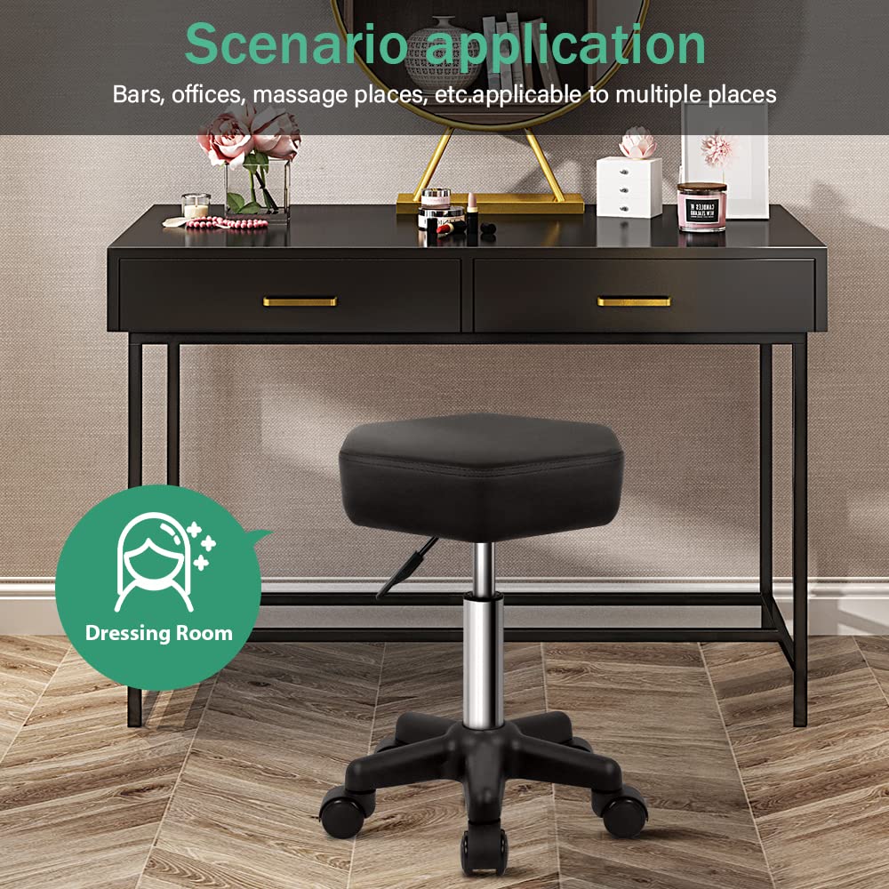 FURWOO - Taburete hexagonal con ruedas ajustable en altura con ruedas para salón de spa, masaje, color negro