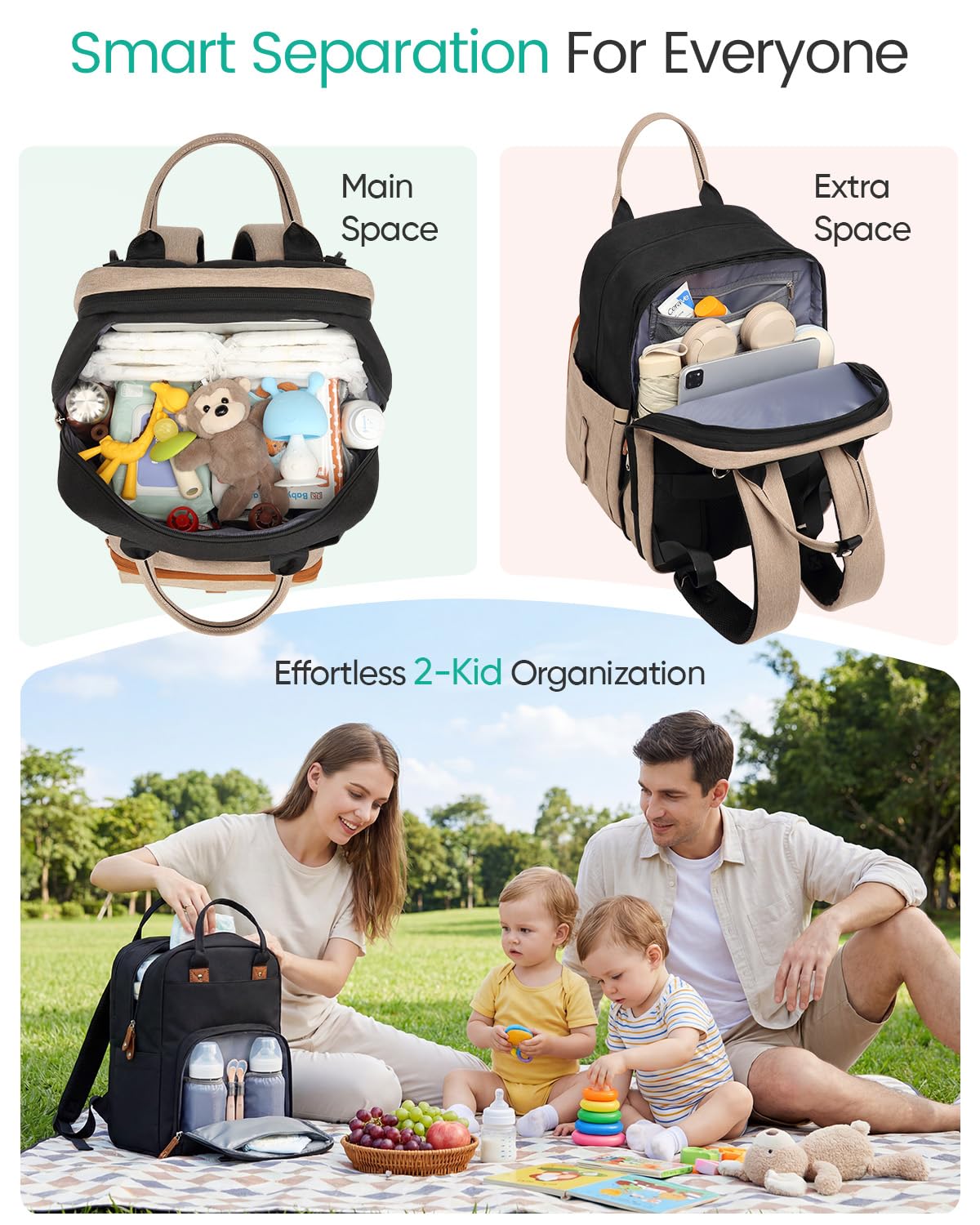 Qualyphant Mochila para pañales extragrande para dos niños, bolsas expandibles de 35 l para mamá, niña, niño, papá y niño pequeño, bolsa de pañales de viaje grande con 21 bolsillos Caqui negro