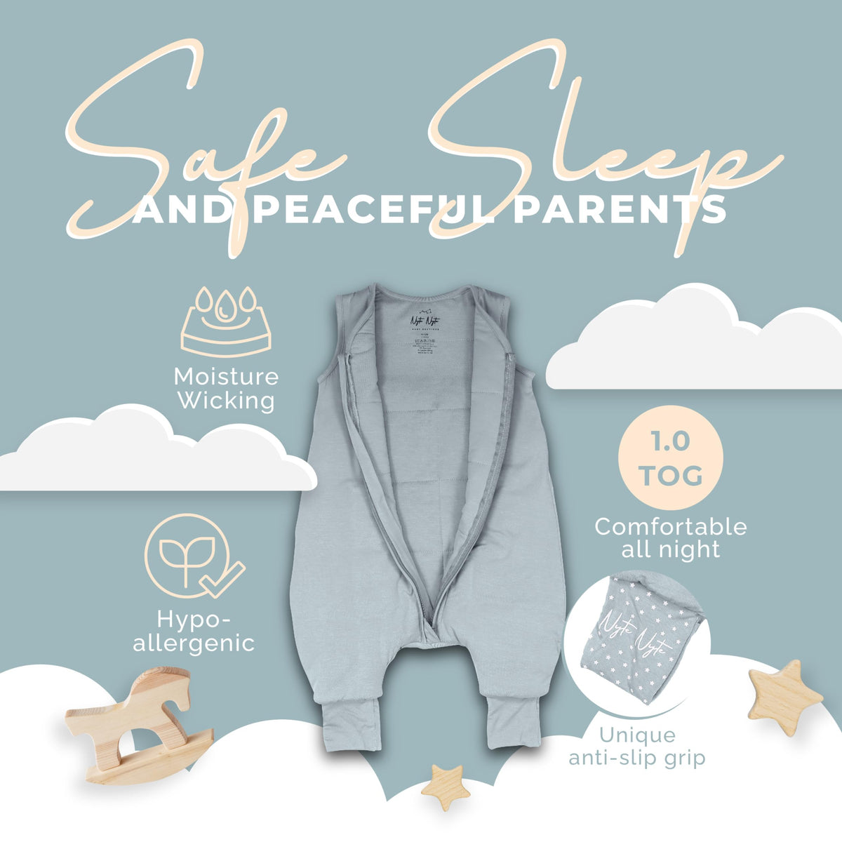 Nyte Nyte Baby - Saco de dormir 1.0-TOG, Azul, Unisex, 6-12 meses, Viscosa, Sólido, Moderno, Cumpleaños, Revelación de género