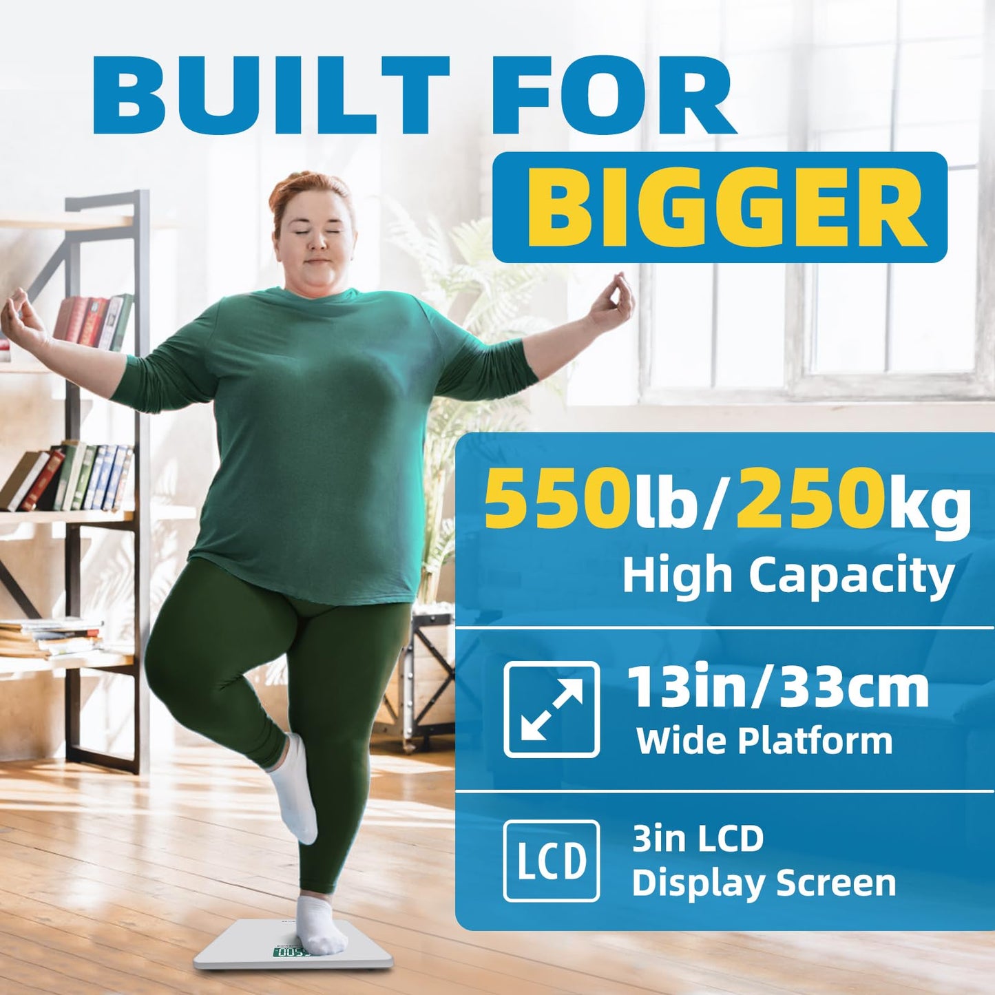 LEPULSE Báscula digital de baño de 550 libras para peso corporal IMC, plataforma extra ancha de alta capacidad, pantalla retroiluminada grande, báscula de baño más precisa de hasta 500 libras, báscula