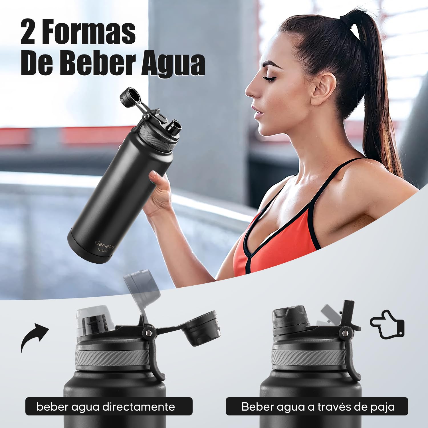 Botella Térmica de Acero Inoxidable 1200ml-Termo para Agua Fría con Tapa de Taza y Asa Portátil, Doble Aislamiento 24 Horas Frío, Sellado Hermético, Diseño Antigoteo para Deportes (Negro,1.2 Litros)