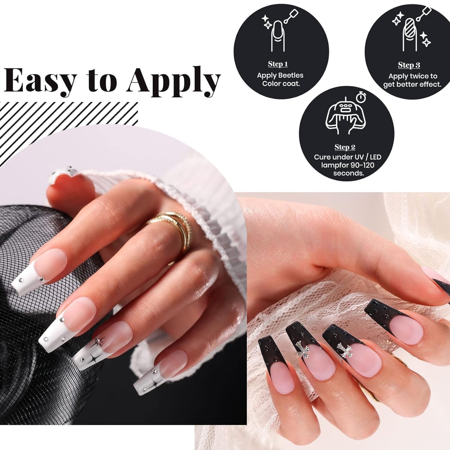 Kit de esmalte de uñas de gel Beetles, 2 piezas de 15 ml de esmalte de gel blanco y negro, esmalte de uñas de gel negro, esmalte de uñas negro, esmalte de gel LED, arte de uñas, salón de manicura, bricolaje en casa