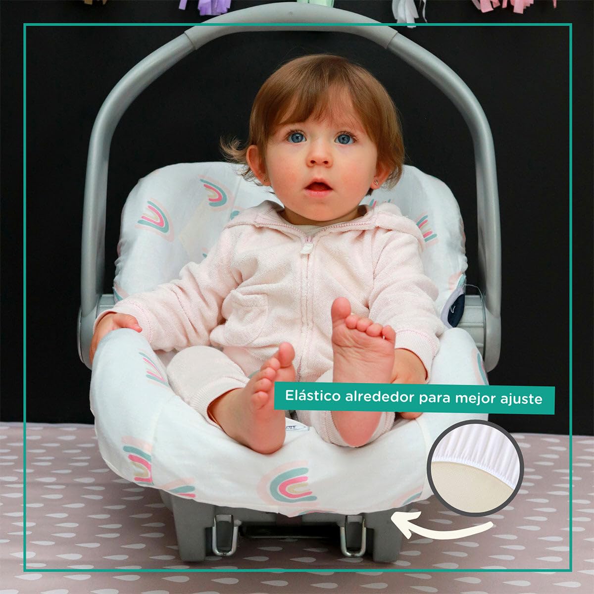 Nap Baby Funda para Porta Bebé, Silla para Bebé ó Autoasiento con resorte ajustable, en 100% algodón, hipoalargénica - Estrellitas Terra