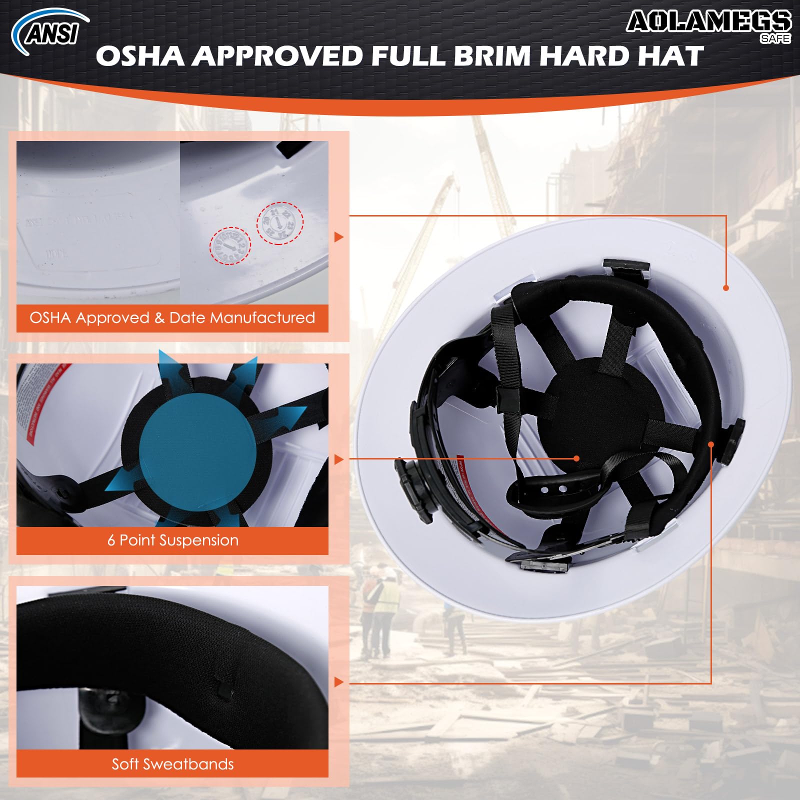 Casco de ala completa de fibra de carbono blanco brillante con gafas de seguridad y forro para hombres y mujeres, OSHA construcción, casco de seguridad con correa de barbilla y visera solar