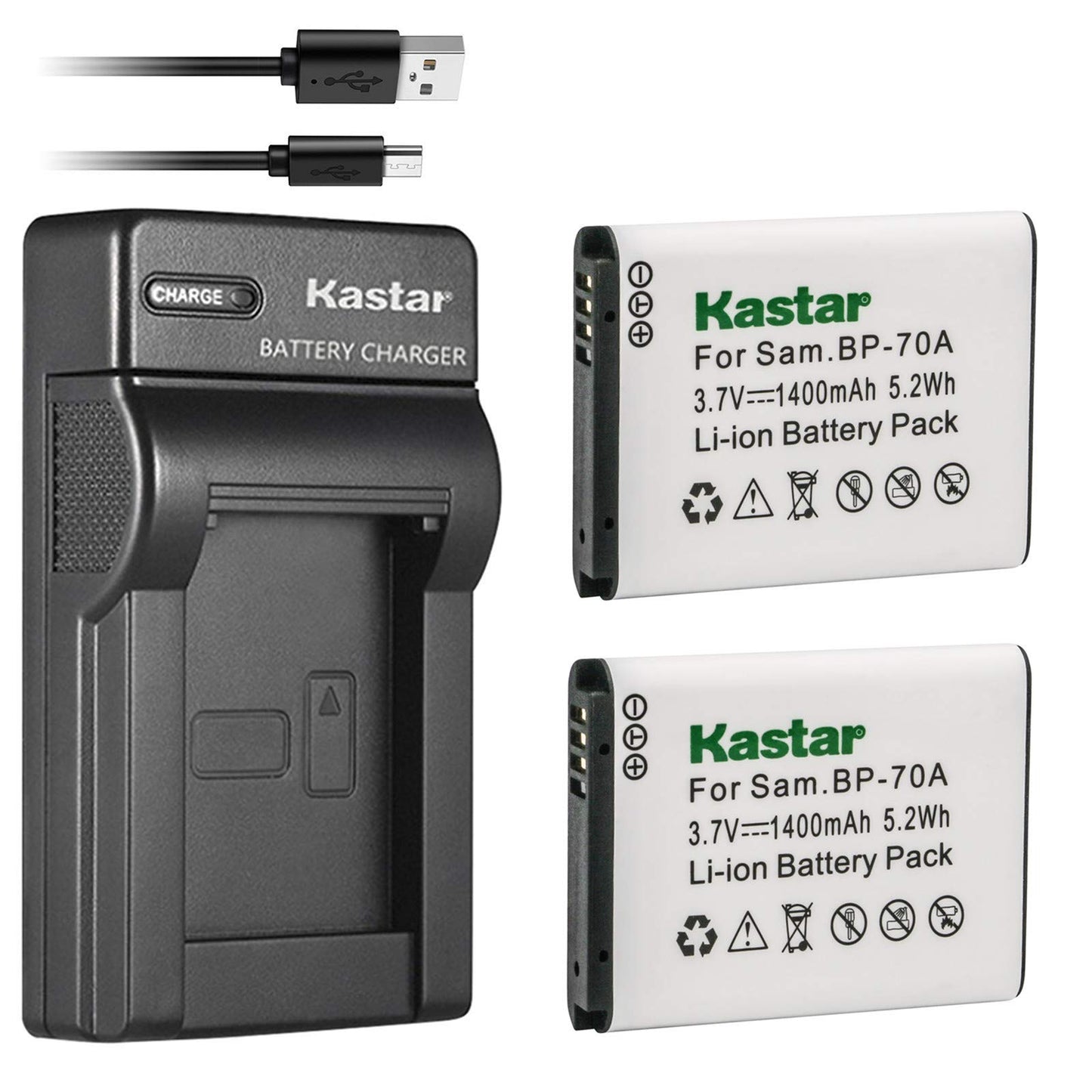 Cargador USB Slim y Baterías Kastar para Samsung BP-70A EA-BP70A ES65 ES67 ES70 ES71 ES73 ES74 PL80 PL81 PL100 PL101 SL50 SL600 SL605 SL630 ST60 ST61 ST70 ST71 TL105 TL110 TL205