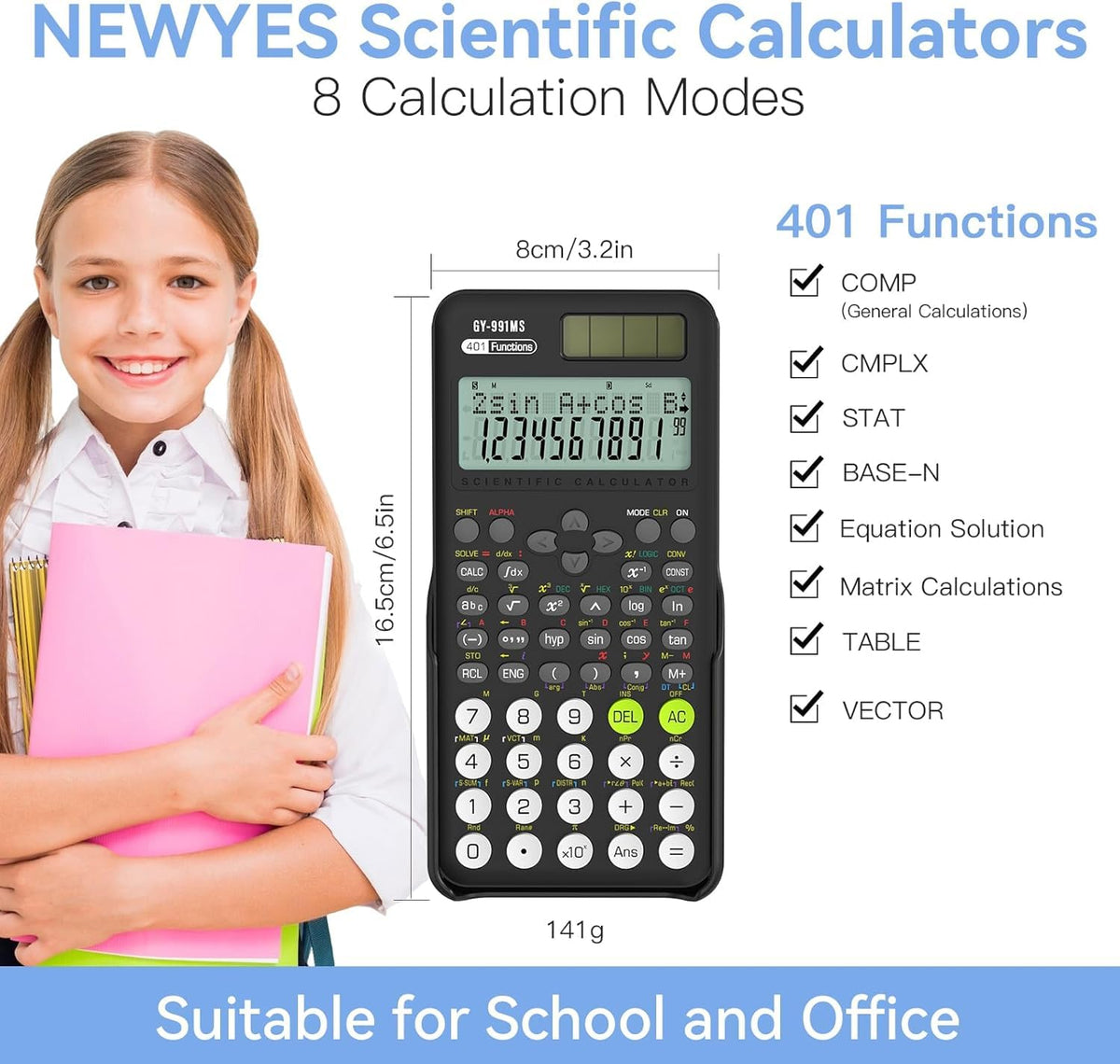 Calculadora Científica NEWYES Negra con 401 Funciones y Pantalla de Doble Fila para Estudiantes y Profesores
