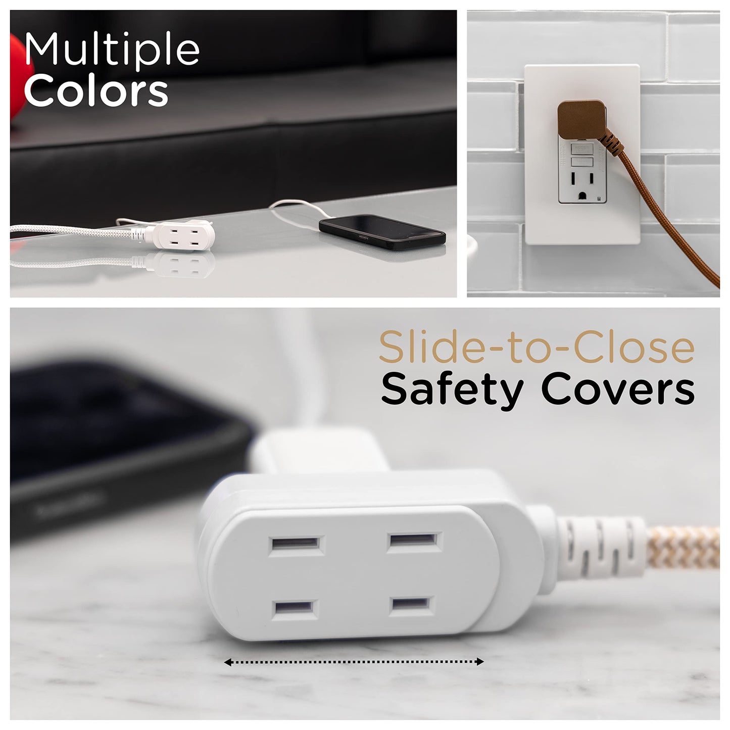 Cordinate Designer, Extension Electrica de 3 salidas polarizadas, Cable Trenzado de 2.4 m (8 pies), Sistema de Seguridad para Trabar, Enchufe Plano, Certificacion ETL Blanco/Bronce 1 paquete ‎41891-T1
