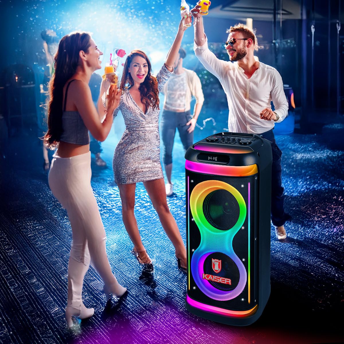 Bafle de Piso Kaiser Recargable 2x8 Pulgadas Gran Infinity Curvo Potencia de 70W RMS con Bluetooth USB Micro SD y AUX KSW-8024