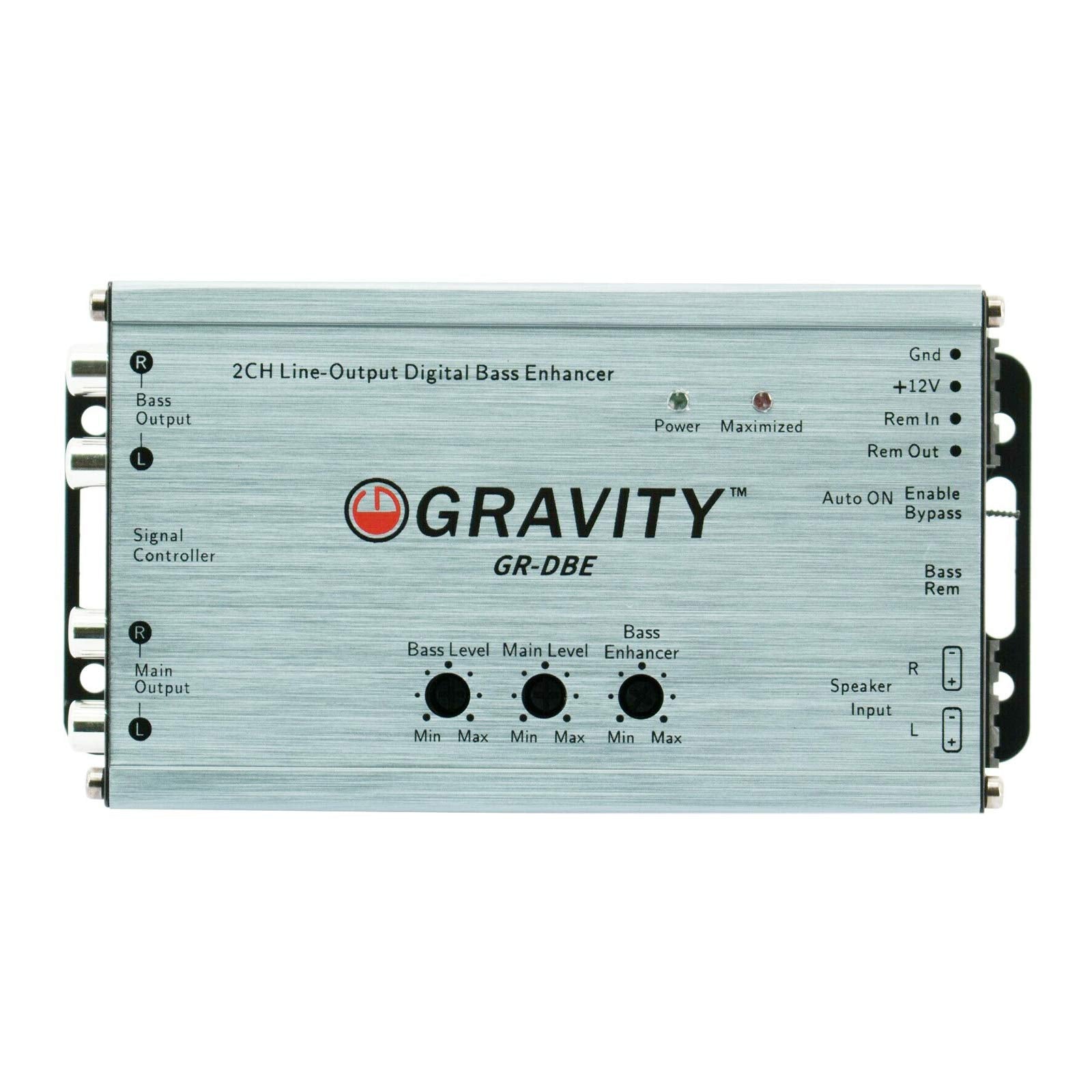 Gravity GR-DBE Convertidor de salida de línea premium de 2 canales con encantador digital de graves con perilla, amplificador dual, salidas de preamplificador de 9.5 voltios/controles de nivel a juego