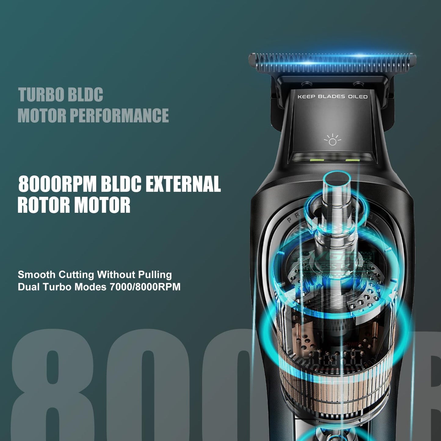VGR 888T - Cortapelos inalámbrico para hombre, profesional Turbo 8000 RPM con hoja de carbono DLC, pantalla LED, base de carga USB, kit de corte de barba y cabello recargable con peine guía, (verde)