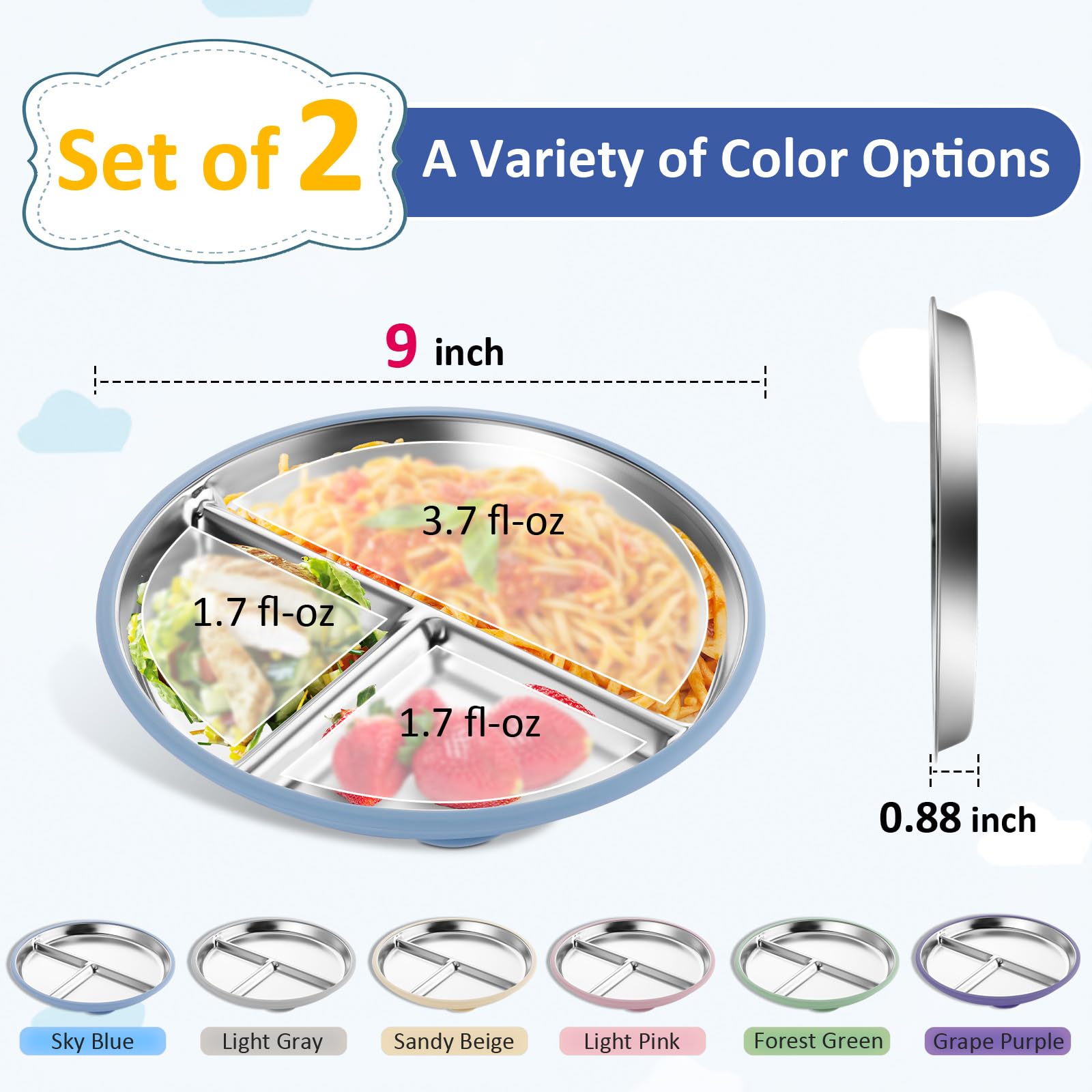 Bakpoco - Plato de acero inoxidable para niños pequeños con succión, platos divididos de 9 pulgadas con mangas de silicona extraíbles para niños, no tóxico y última intervensión de BPA,