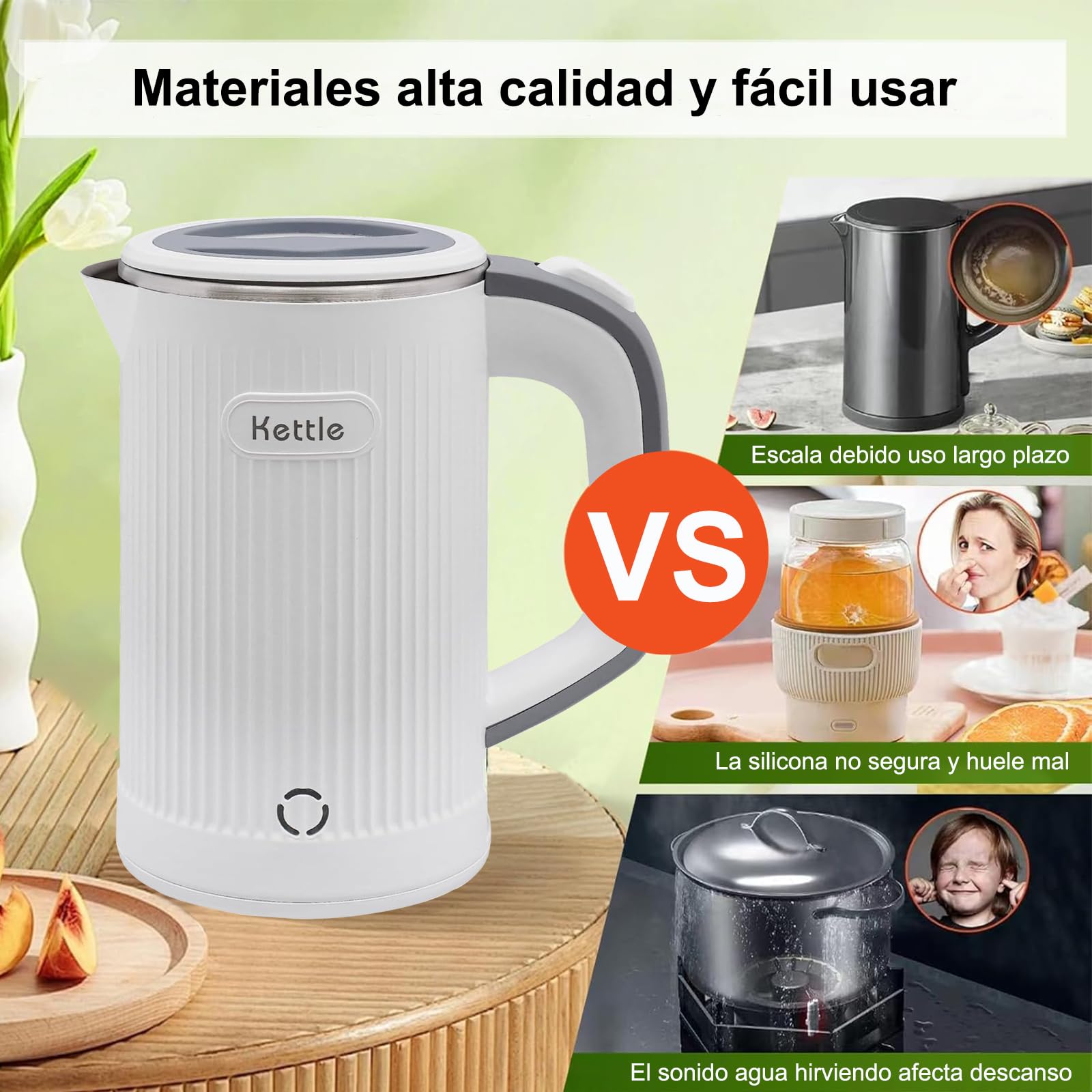 Tetera Eléctrica RYEWGRV Blanca Acero Inoxidable Portátil 0.8 L 600 W con Luz LED y Apagado Automático