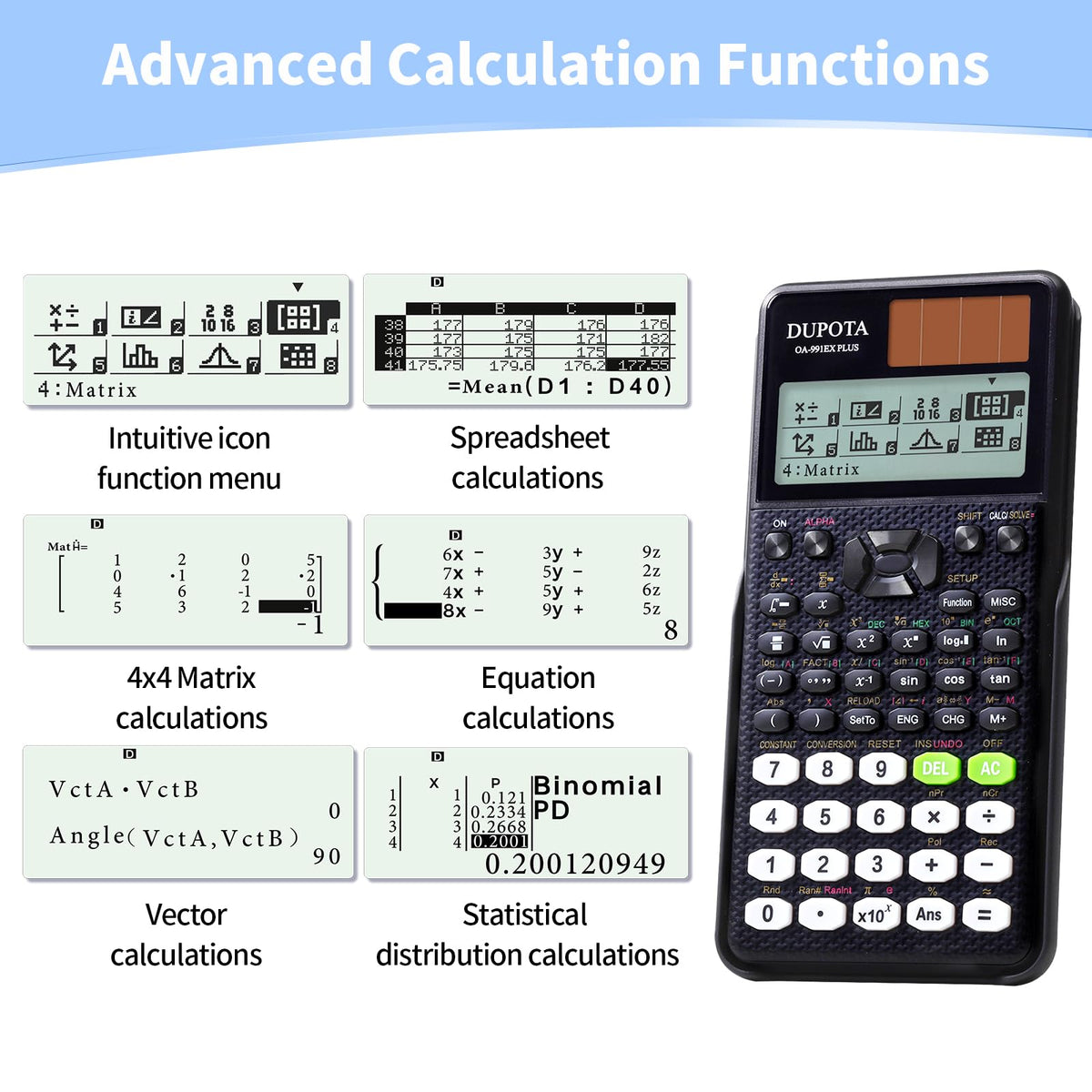Calculadora Científica DUPOTA OA-991EX Negro Pantalla Solar y Batería 552 Funciones para Estudiantes y Profesores