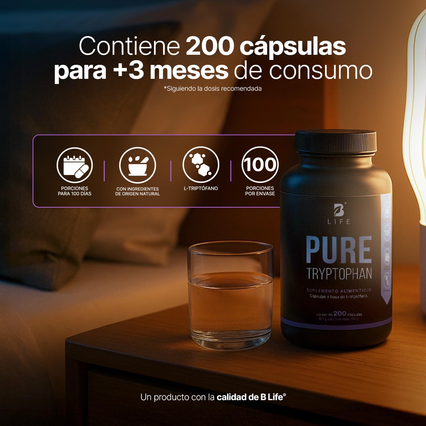 B Life Triptófano Puro | 200 Cápsulas de 500 mg | Aminoácido esencial precursor de serotonina | Pure Tryptophan.