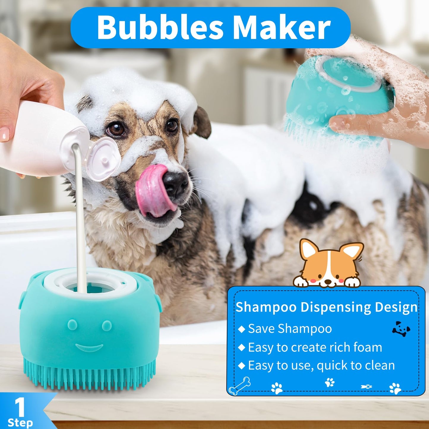 Comotech - 3 cepillos de baño para perros, cepillo para polvo de champú para perros, limpiador para perros, aseo y lavado con mango de anillo ajustable para perros y gatos de pelo corto y largo (azul