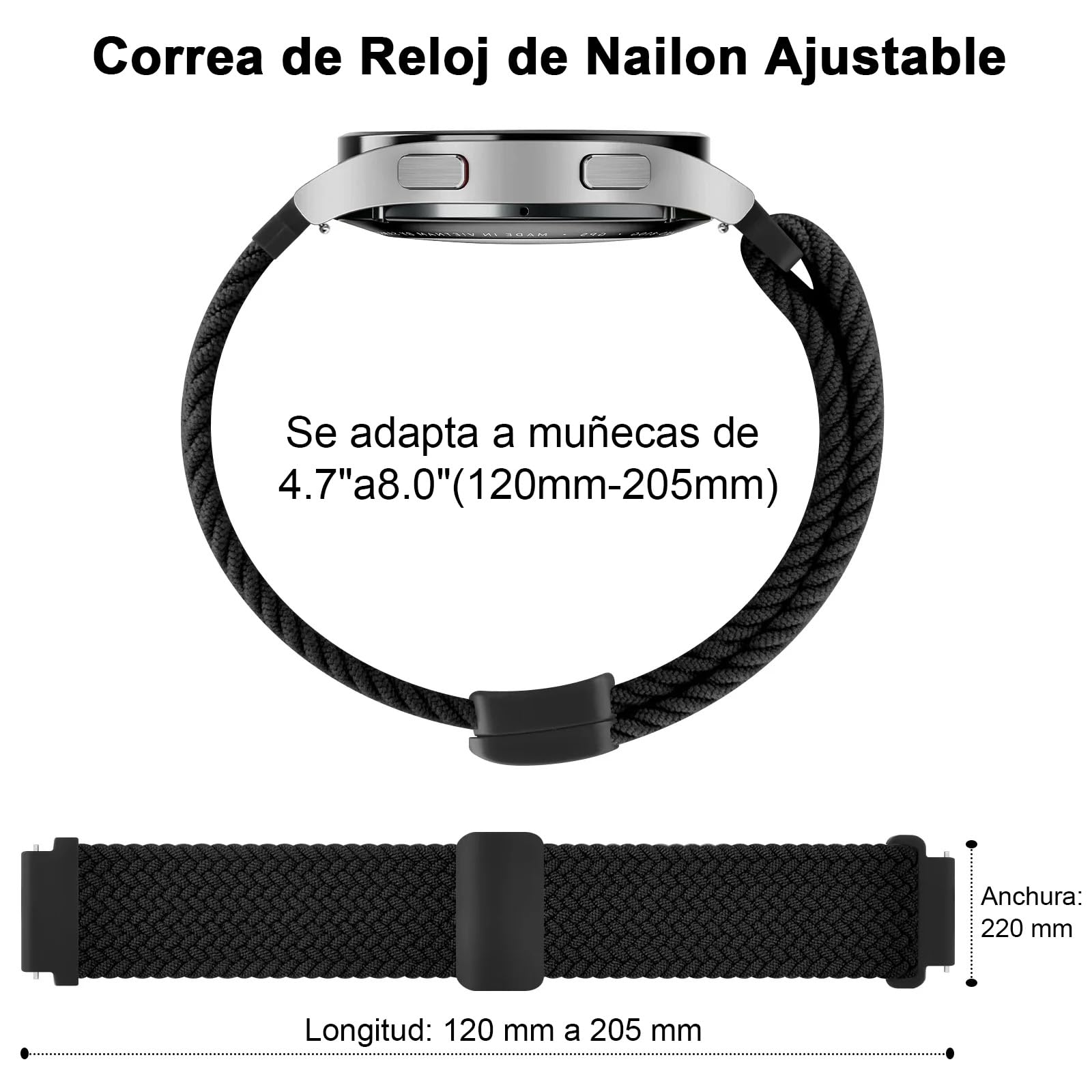Correa Trenzada Magnética Compatible con Samsung Galaxy Watch 7/FE/6/5/4 de 40mm 44mm, Galaxy Watch Active 2, Gear Sport, Galaxy Watch 6 4 Classic, Correa Elástica de Nailon de 20mm